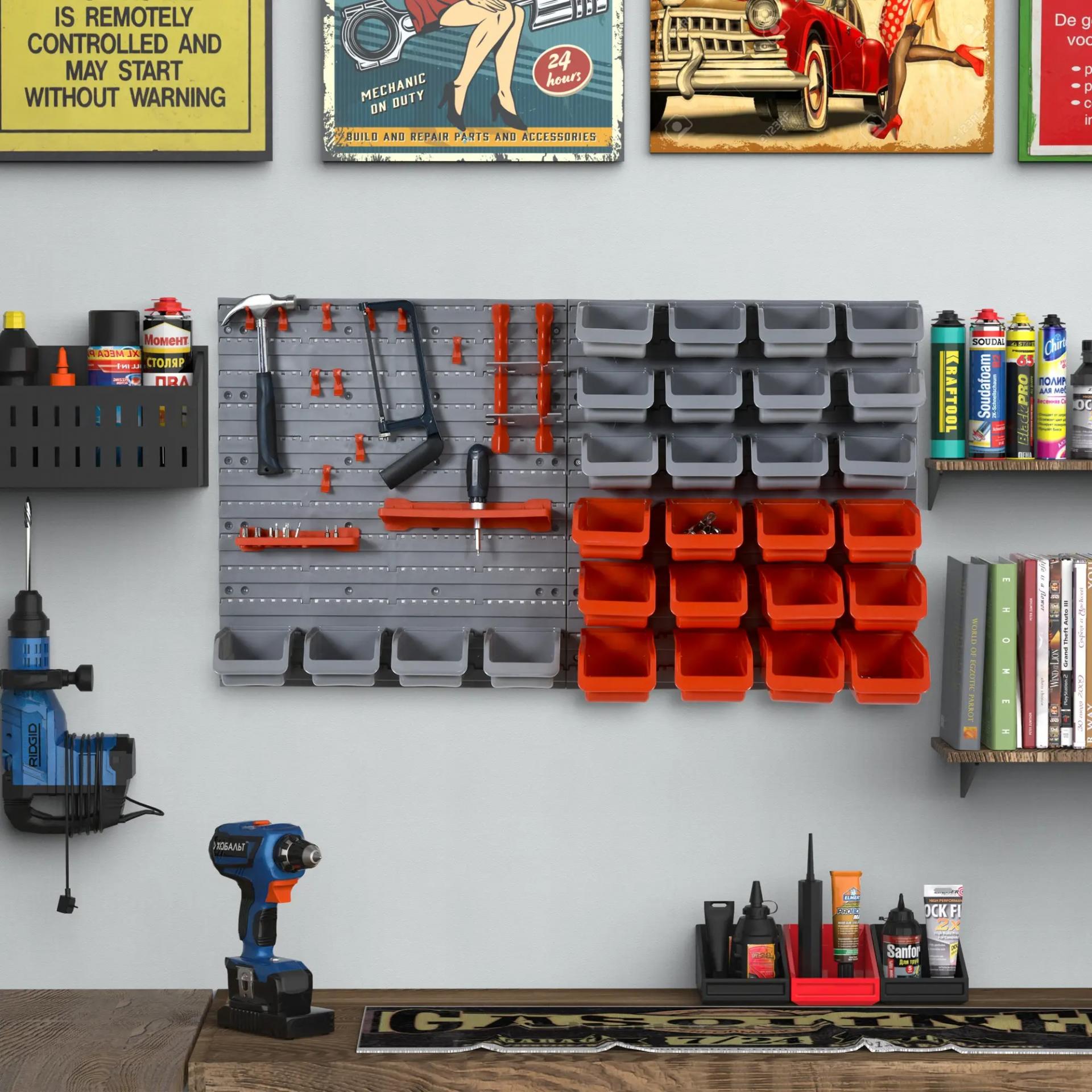 Estantería de Pared para Herramientas de 44 Piezas 95x54 cm con 28 Cajas Apilables y Diferentes Ganchos Gris y Rojo