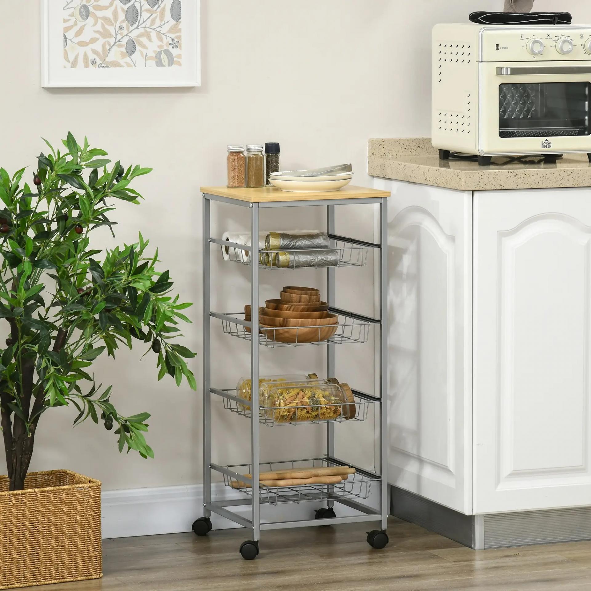 Carro Múltiusos de Cocina Baño con Ruedas 5 Niveles Carrito de Servicio Isla de Cocina Marco de Acero Carrito Auxiliar Verdulero Frutero Carga 20 kg para Salón 36,5x36,5x89 cm Plata