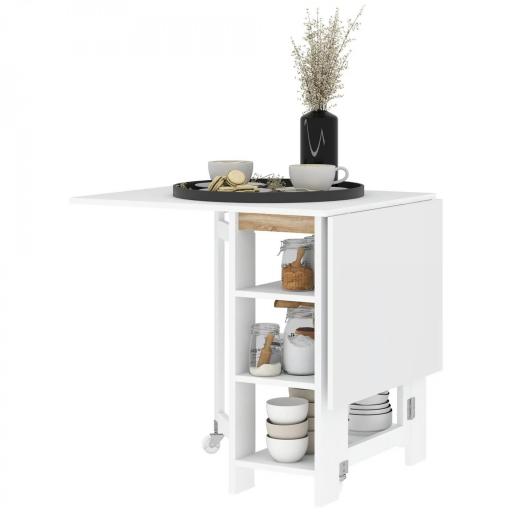 Mesa de Cocina Plegable con Alas Abatibles 2 Ruedas y Estantes Estilo Moderno 120x60x75 cm Blanco [8]