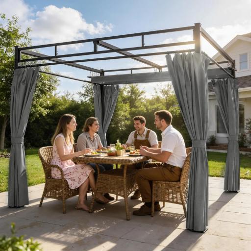 Pérgola de Jardín 3x3 m con Techo Retráctil y Cortinas Protección UV30+ Estructura Metálica para Patio Terraza Gris [0]