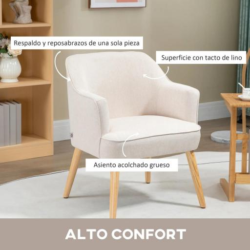 Butaca de Salón Moderna Sillón Tapizado en Lino Sintético Patas de Madera para Dormitorio Oficina 64,5x65x79,5 cm Crema [2]