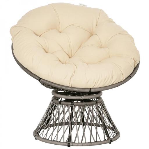Sillón Papasan Giratorio de Ratán Sintético con Cojín Carga 160 kg para Exterior Jardín Terraza 87x97x86 cm Gris y Crema [8]