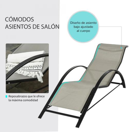 Set de 2 Tumbonas Jardín Exterior con Mesa Auxiliar de Vidrio Templado Tumbonas con Reposabrazos para Patio Terraza Gris [2]