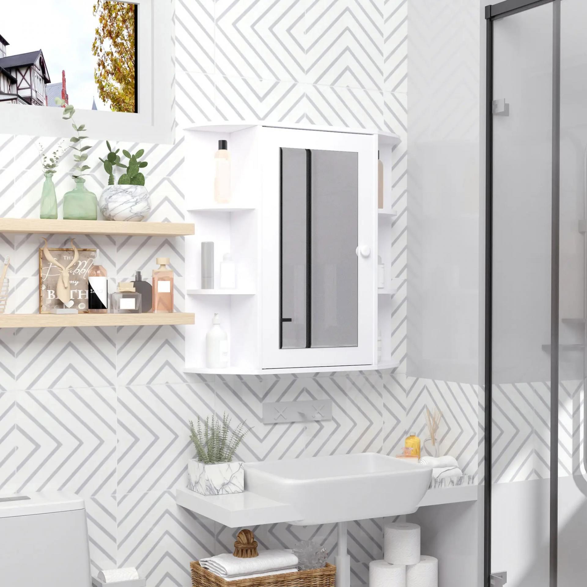 Armario de Baño con Espejo Mueble Colgante de Aseo con 1 Puerta 2 Estantes Interiores y 6 Estantes Laterales para Salón Cocina Dormitorio 66x17x63 cm Blanco