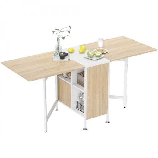 Mesa Plegable de Comedor, Mesa de Cocina Plegable, con Alas Abatibles, 4 Compartimentos, 3 Formas, Hasta 4 Personas, para Salón, Espacio Pequeño, 169x60x75 cm, Roble y Blanco [8]