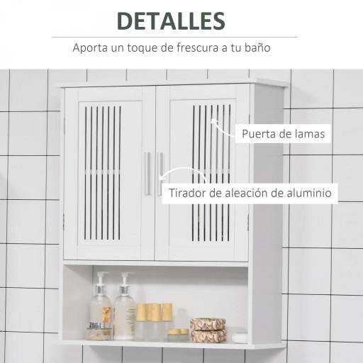 Armario de Pared para Baño Multiusos con Estante Ajustable Puertas de Listones y Compartimento 60x20x70 cm Blanco [4]