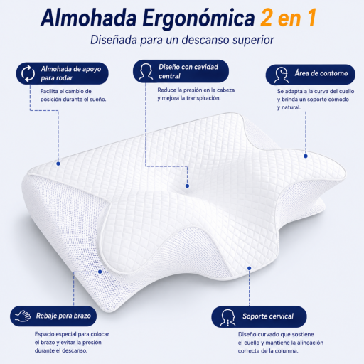 Almohada Cervical, 2 en 1 Almohada Ergonómico Espuma de Memoria Almohada para Soporte de Cabeza/Cuello/Hombro, Relajación y Alivio del Estrés, 60x40x12/14cm [1]