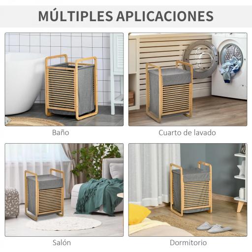 Cesto para Ropa Sucia de Bambú Cesto Rectangular de Ropa Portátil con Tapa y Bolsa Extraíble Mueble de Baño Dormitorio 40x35,5x60,5 cm Color Natural y Gris [4]
