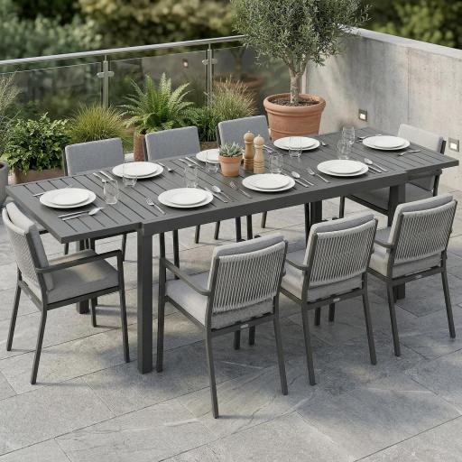 Mesa de Jardín Extensible 150/225x85x75 cm Mesa de Comedor de Aluminio con Tablero de Listones para 6-8 Personas Gris