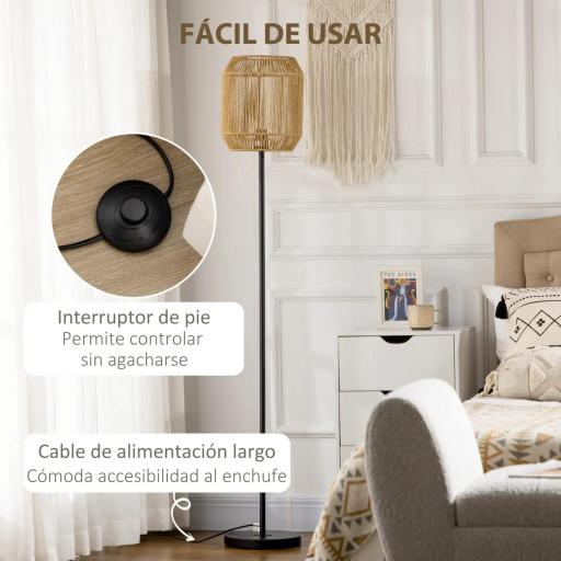 Lámpara de Pie para Salón con Pantalla de Cuerda de Papel para Salón Dormitorio Ø26x164 cm Natural y Negro [3]