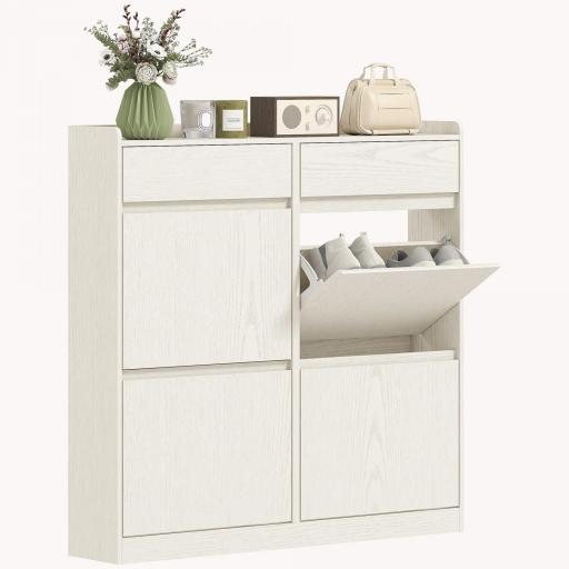 Zapatero Estrecho con 2 Cajones 4 Compartimentos Abatibles y Encimera para 8 Pares 98x19,2x95,3 cm Blanco Veteado [8]