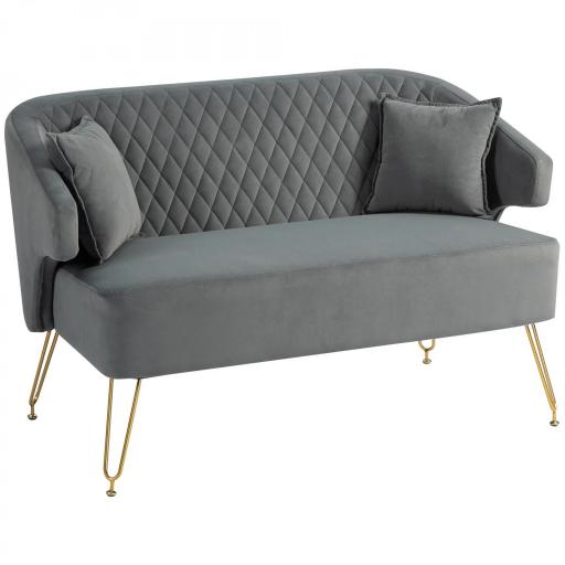 Sofá de 2 Plazas Tapizado en Terciopelo con 2 Almohadas Reposabrazos y Patas de Acero Carga 240 kg 124x69x76 cm Gris [8]