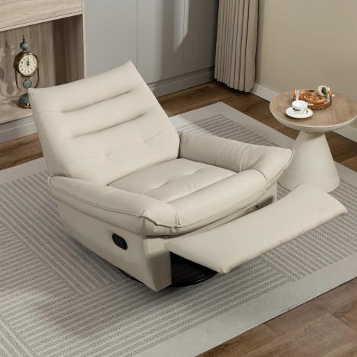 Sillón Relax Reclinable Giratorio Función Balancín Tapizado en PU Reposapiés Asiento Amplio Acolchado Grueso Crema [7]