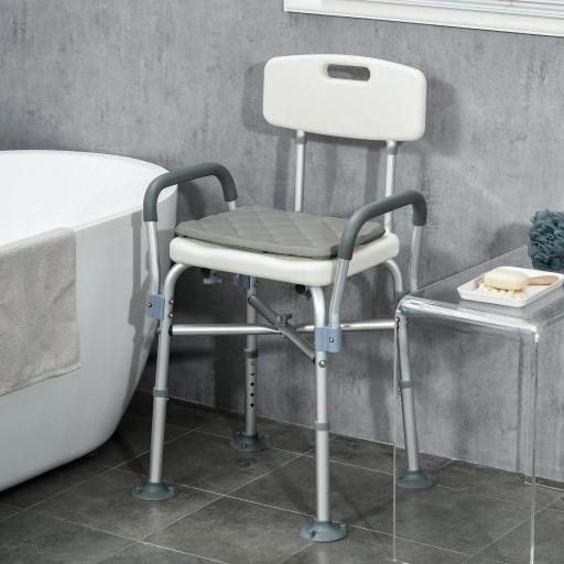 Silla Ducha Personas Mayores con Respaldo Reposabrazos Altura Ajustable Cojín Acolchado Extraíble Carga 136 kg Gris
