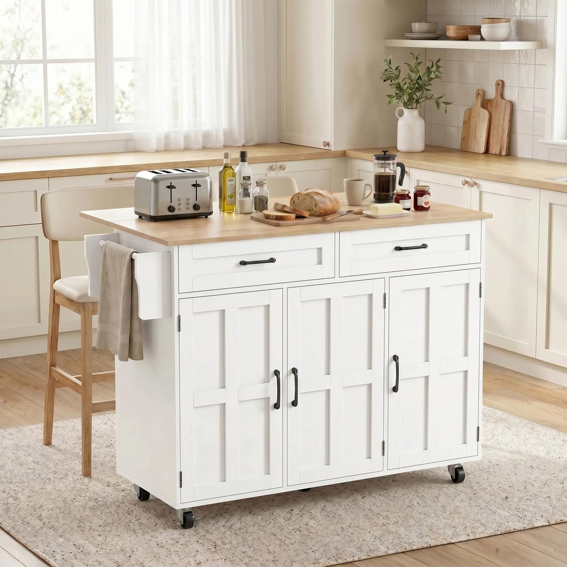 Isla de Cocina con Encimera Extensible Ruedas 2 Cajones 3 Armarios Estantes en la Puerta Toallero Blanco
