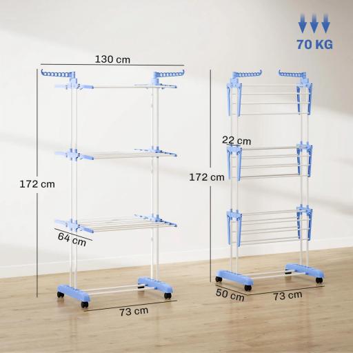 Tendedero Vertical Plegable con Ruedas Tendedero de Ropa de 3 Niveles con Alas Plegables 73x64x172 cm Azul y Blanco [1]