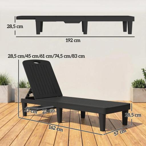 Conjunto de 2 Tumbonas Reclinables de Plástico PP con Bandeja Lateral Respaldo Ajustable 5 Niveles 192x57x28,5 cm Negro [1]