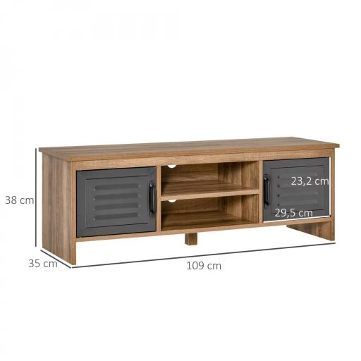 Mueble de TV para Televisores de 42" con 2 Compartimentos Cerrados con Puertas de Metal y 2 Estantes Abiertos Mueble de salón moderno Mesa para televisor 109x35x38 cm Madera Natural y Gris [1]
