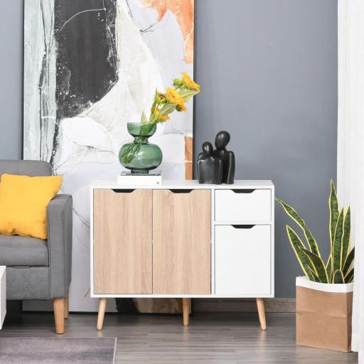 Aparador Moderno Aparador para Salón con 3 Puertas y Cajón Mueble Auxiliar para Salón Cocina Dormitorio 90x30x72 cm Blanco y Natural [3]