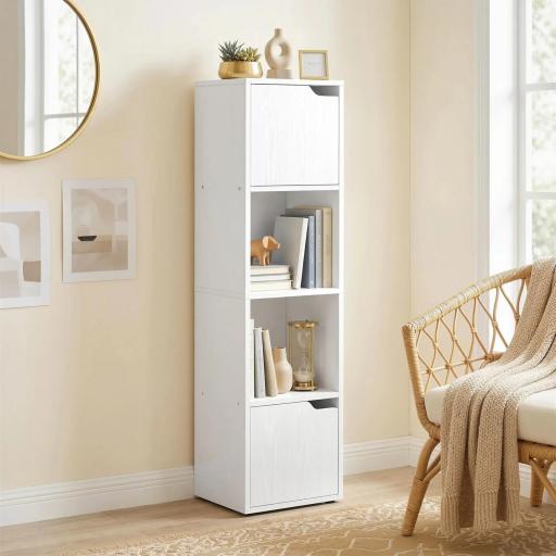Estantería para Libros con 2 Puertas Librería Estrecha de 4 Niveles con 2 Estantes Abiertos 30x29x119 cm Blanco [3]