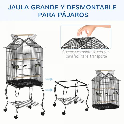 Jaula de Pájaros con Soporte Ruedas Bandeja Extraíble y Comederos para Canarios Periquitos 50x58x137-145 cm Negro [3]