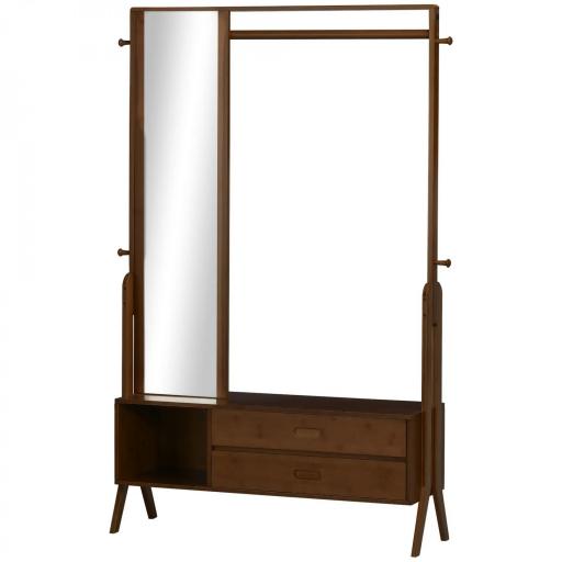 Perchero de Bambú con Banco Espejo 2 Cajones 4 Ganchos Barra y Compartimiento de Almacenaje 113x33x169,5cm Marrón [8]