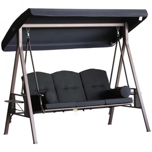 Columpio de Jardín Exteriorde 3 Plazas con Toldo Ajustable Bandejas Laterales y 2 Almohadas 208x121x172 cm Negro [9]