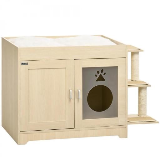 Mueble Arenero para Gatos con Cama Cojín Suave 3 Plataformas y Postes de Sisal 107x54x70 cm Roble [8]