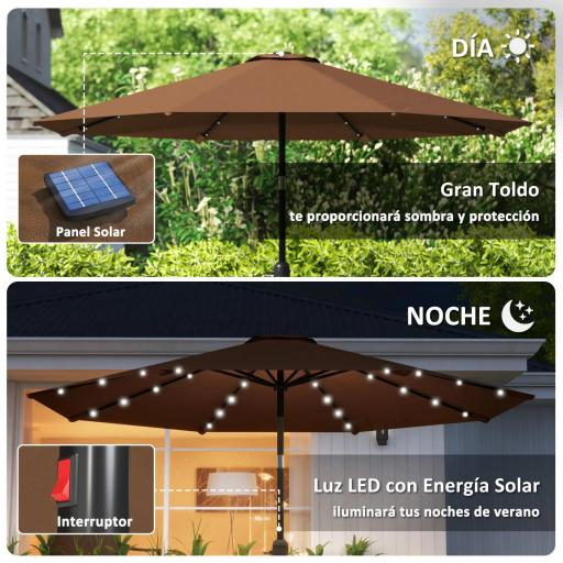 Sombrilla de Jardín Ø265 cm con 32 Luces LED Solares Manivela y Poste de Acero para Patio Terraza Marrón [2]
