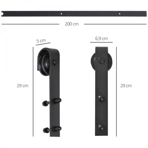 Herraje Puerta Corredera 200 cm Kit de Riel Adecuado para 1 Puerta Granja de Madera de 100 cm de Ancho Acero de Carbono Carga Máx. 90 kg [6]