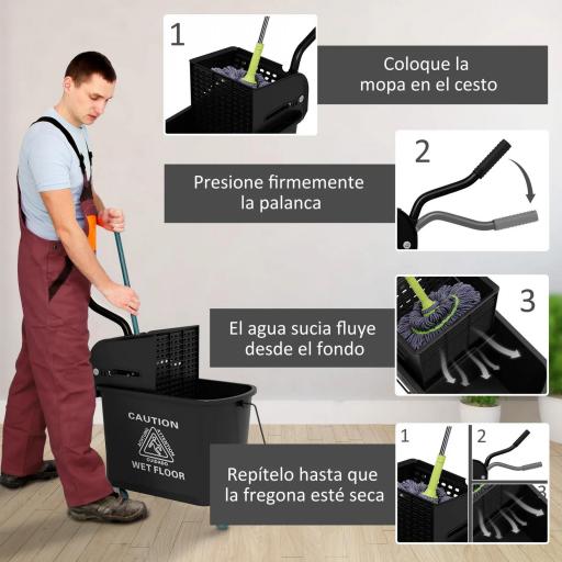 Cubo de Fregar 20L con Ruedas y Escurridor Cubo para Fregona con Separador de Agua 60x27x70,5 cm Negro [5]
