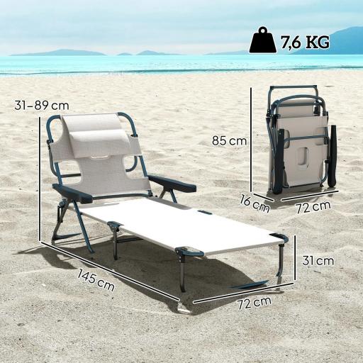 Tumbona de Jardín Plegable con Respaldo Ajustable en 4 Niveles Orificio de Lectura y Reposacabezas 145x72x89 cm Crema [1]