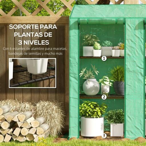 Invernadero de Jardín de 3 Niveles con Estantes Techo Inclinado y Puertas con Cremallera 143x46x141/151 cm Verde [4]