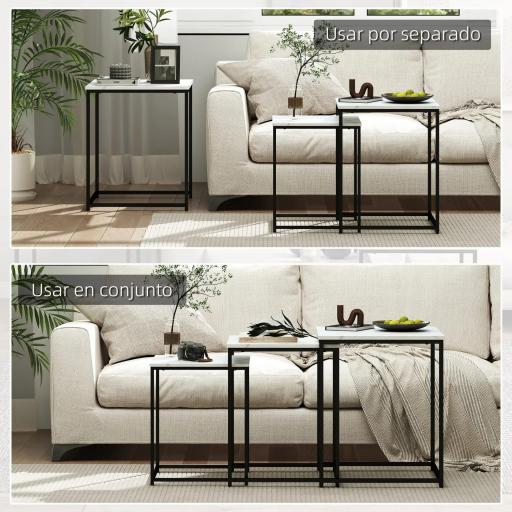 Mesas Auxiliares para Salón Mesas Nido de 3 Piezas con Efecto Mármol y Marco de Acero para Dormitorio Blanco [2]