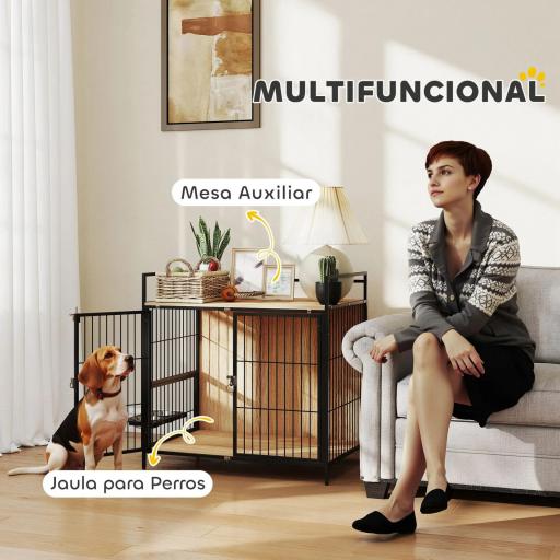 Jaula para Perros Mesa Auxiliar Moderna con Soporte Giratorio con 2 Tazones y 2 Puertas 80x56x76,5 cm Roble [3]