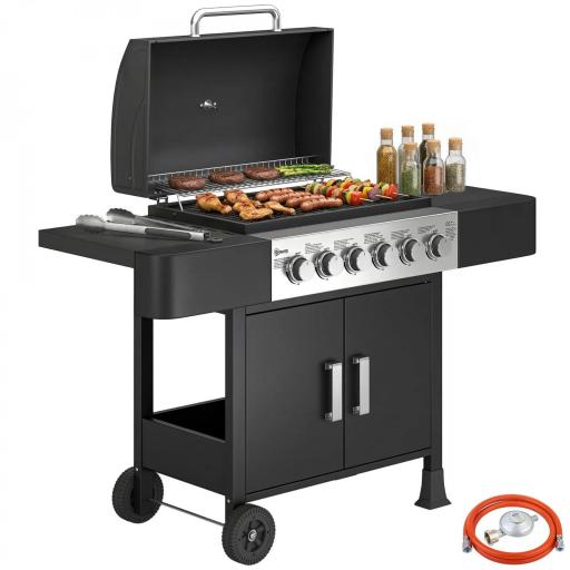 Barbacoa de Gas con 6 Quemadores Termómetro Parrilla Mesas Laterales Armario y Ruedas 135x51x101 cm Negro [9]