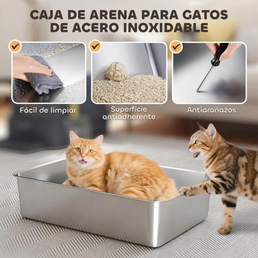 Arenero para Gatos de Acero Inoxidable XL con Tapa Abatible 180° Laterales Altos Pedal Pala Gris Oscuro [3]