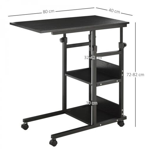 Mesa Auxiliar con Ruedas 80x40 cm Mesa para Sofá en Forma de C con Altura Ajustable 3 Niveles de 72-82 cm Marco de Metal para Salón Cocina Negro [1]
