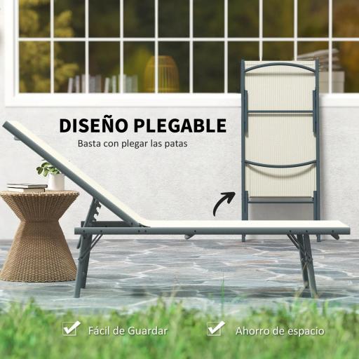 Juego de 2 Tumbonas Plegables Reclinables en 5 Posiciones con Estructura Metálica y Asiento de Malla Transpirable Crema [4]