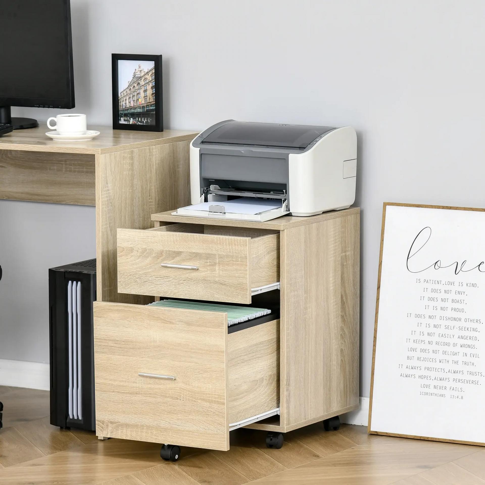 Cajonera de Escritorio con 2 Cajones Ruedas Archivador Móvil para Archivos A4 o Cartas 39,5x39x58,5 cm Roble