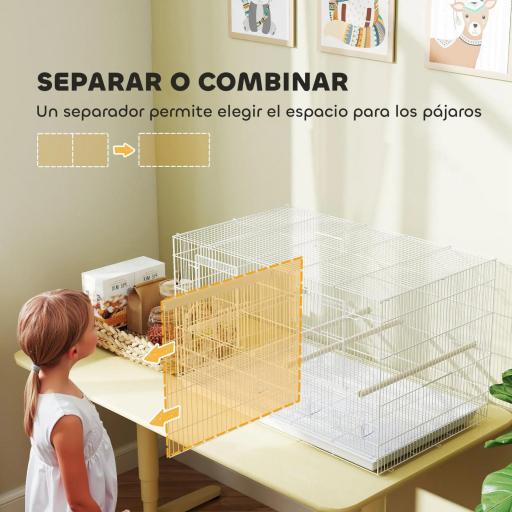 Jaula para Pájaros con Divisor 4 Comederos 4 Perchas Bandeja Extraíble para Loros Canarios Periquitos 76x46x46 cm Blanco [2]