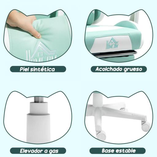 Silla Gamer Reclinable con Altura Ajustable Reposapiés Retráctil Soporte Lumbar y Reposacabezas Desmontable Verde Menta [1]