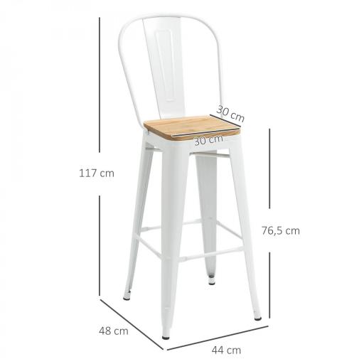 Juego de 4 Taburetes Altos de Cocina Apilables con Respaldo Taburetes de Bar con Reposapiés 44x48x117 cm Blanco [1]