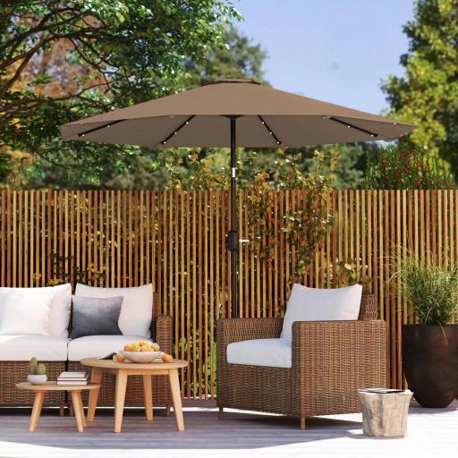 Sombrilla de Jardín Ø265 cm con 32 Luces LED Solares Manivela y Poste de Acero para Patio Terraza Caqui [2]