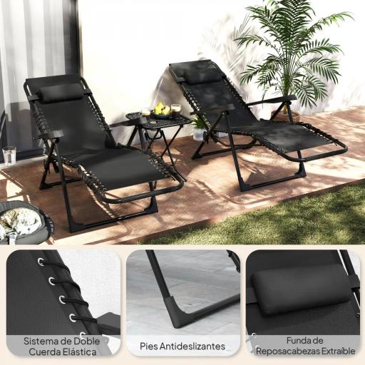 Set de 2 Tumbonas Jardín Exterior Plegables de Gravedad Cero con Mesa Auxiliar con Portavasos Reposacabezas Negro [6]