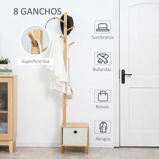 Perchero de Pie de Bambú Perchero con Banco Tipo de Árbol Cajón de Tela y 8 Ganchos para Colgar Ropa 35x35x177cm Natural [3]