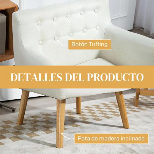 Butaca para Dormitorio con Reposabrazos y Patas de Madera Sofá Individual Carga 125 kg para Oficina Crema [4]