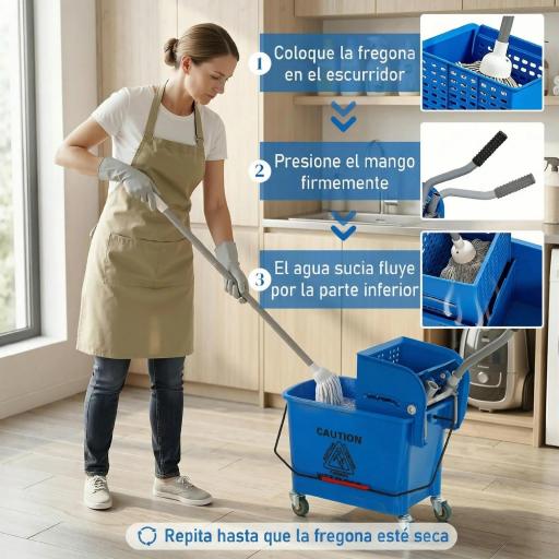 Cubo de Fregar con Escurridor Panel Separador y Ruedas Capacidad 20L para Limpieza Doméstica 45x26,5x70 cm Azul [3]