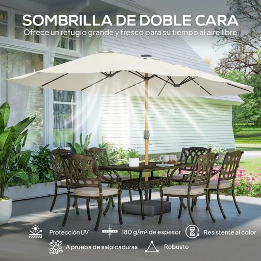 Sombrilla Doble de Jardín 4,6x2,6 m con 48 Luces LED Base Incluida Manivela Sacos de Arena Anti-UV Crema [5]