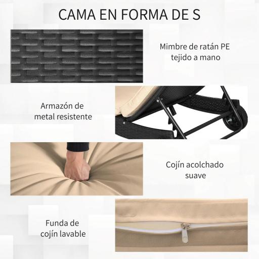 Tumbona de Jardín en Forma de S con 2 Ruedas Respaldo Ajustable en 5 Posiciones y Cojín Extraíble 207x70x70 cm Negro [3]